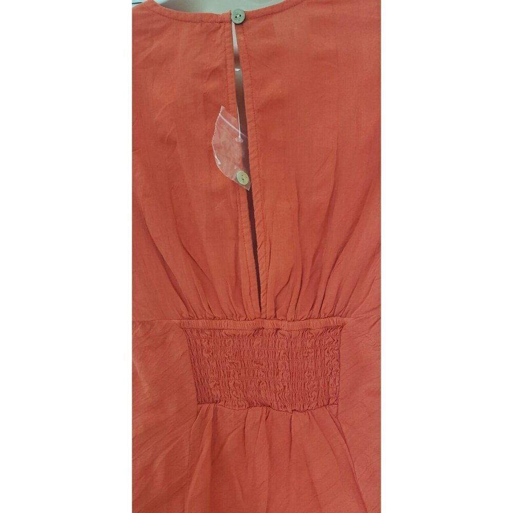 NEW FREE PEOPLE FREE-EST NATALYA SMOCKED COTTON WARM RED RUCHED MIDI DRESS SZ XS - Picture 8 of 10